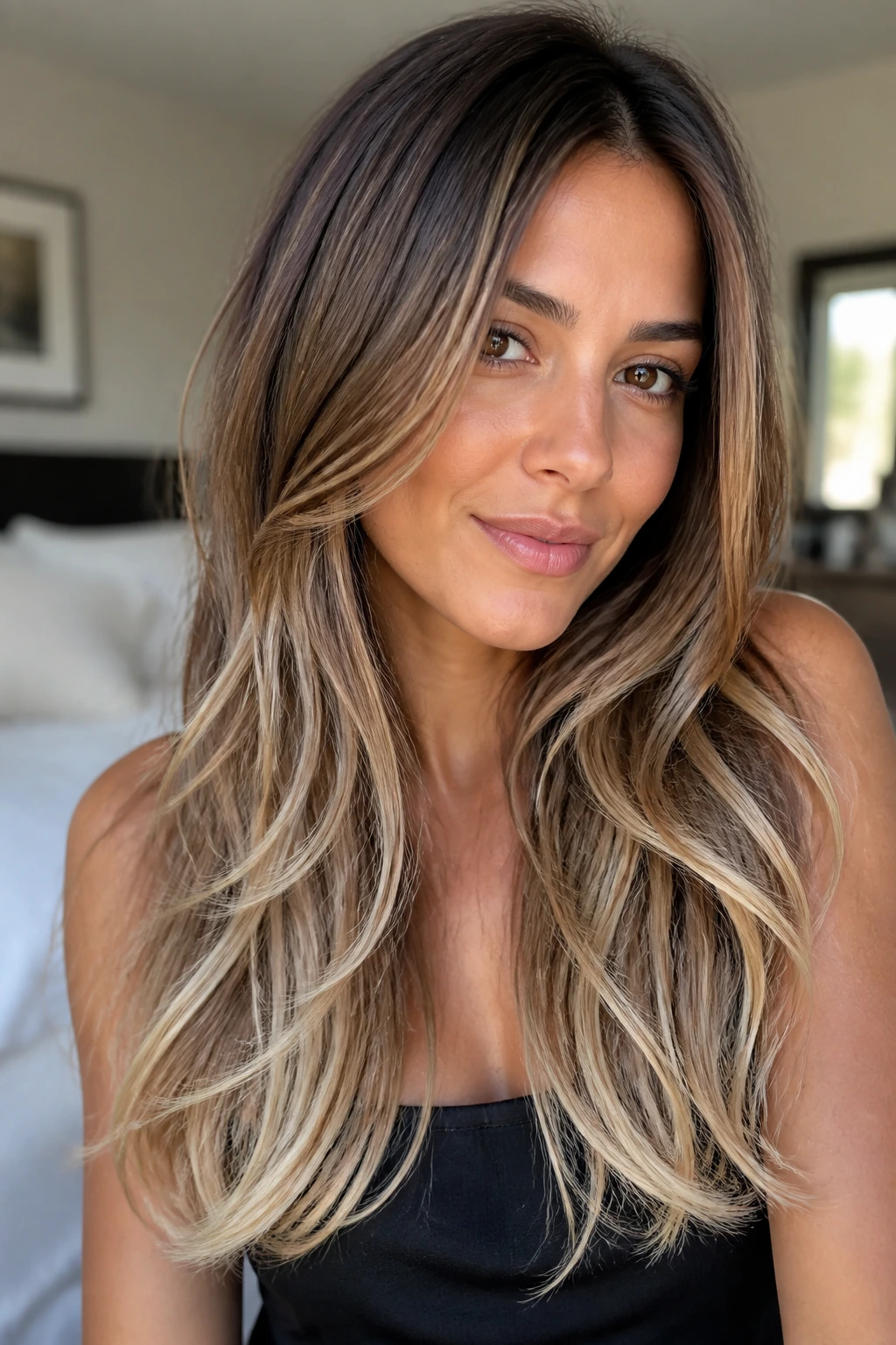 Close-up of brown hair with platinum tips on long layered hair