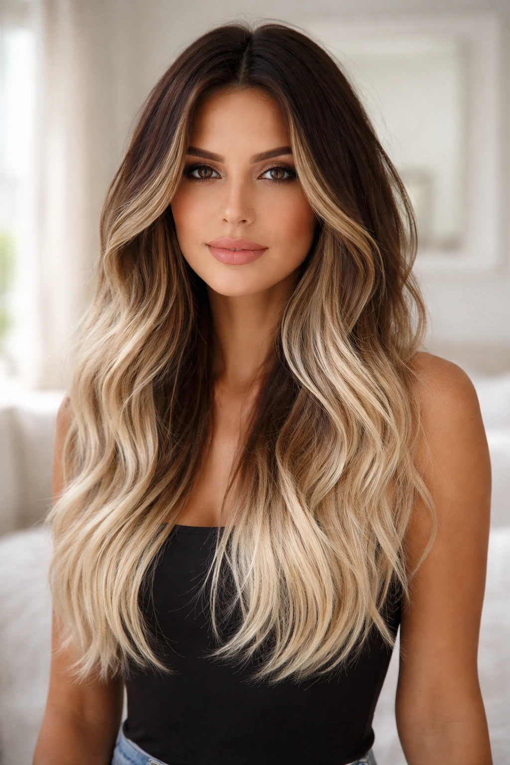 Close-up of a real woman's hair featuring platinum tips Ombre.