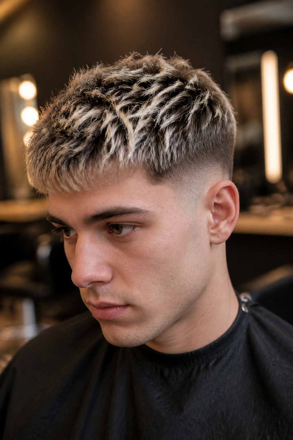 Close-up of a man with platinum-tipped textured crop in a modern salon setting