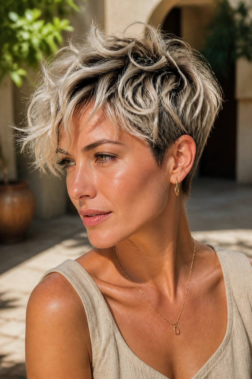 Close-up of a real woman with a tousled crop and platinum tips in natural light