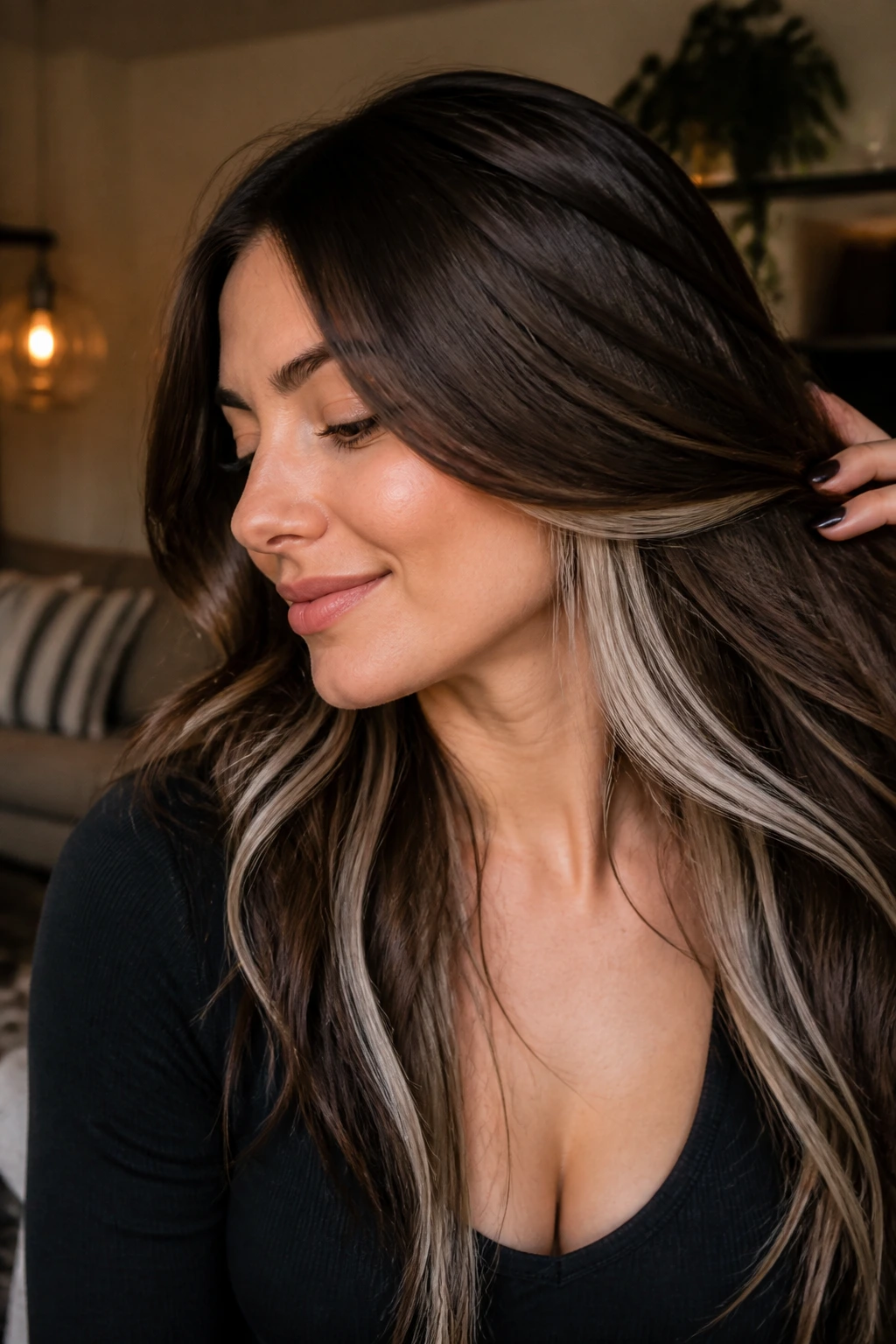 Hair with platinum underlights visible beneath dark top layer.