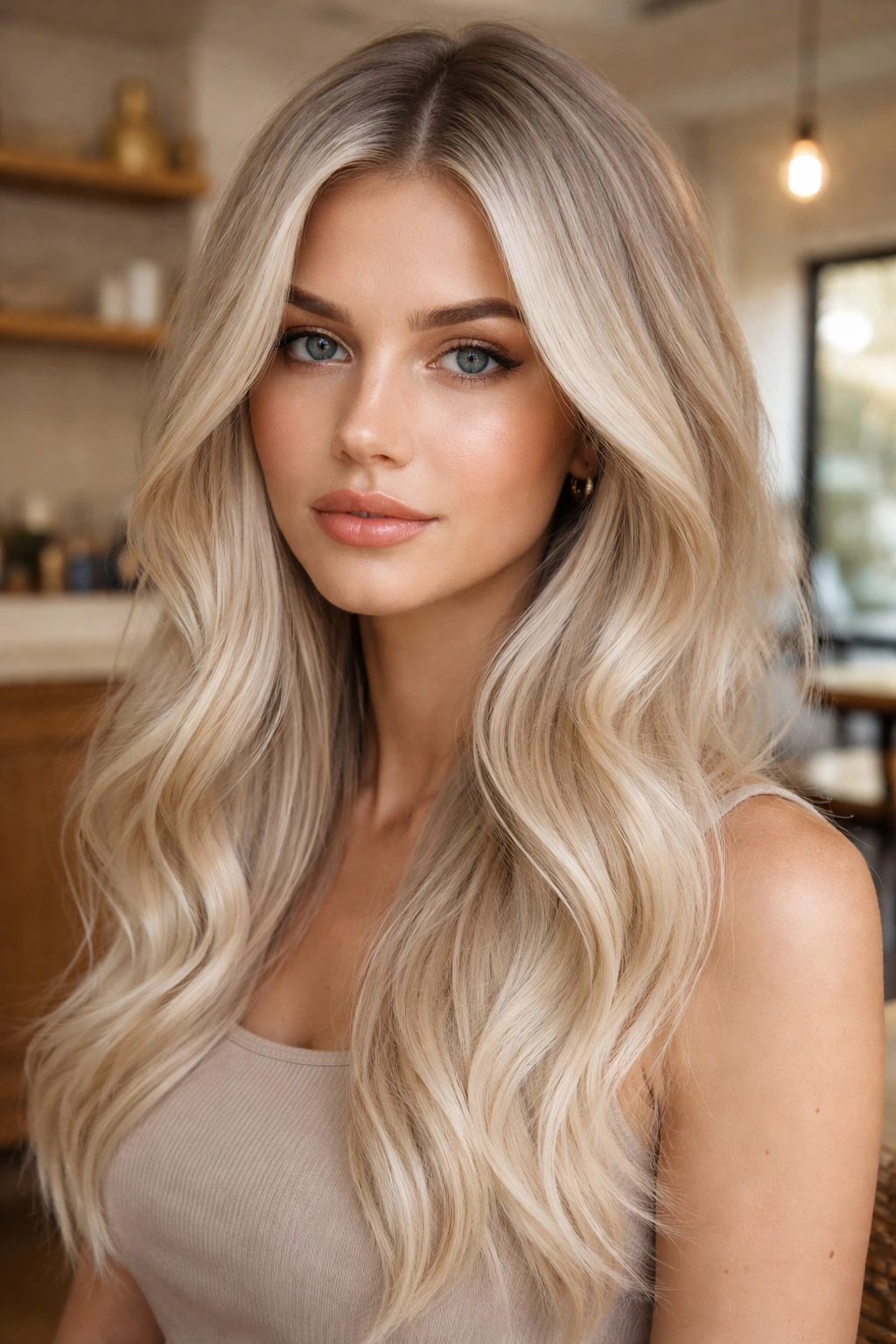 Extreme close-up portrait of a woman with platinum to vanilla melt hair in a cafe