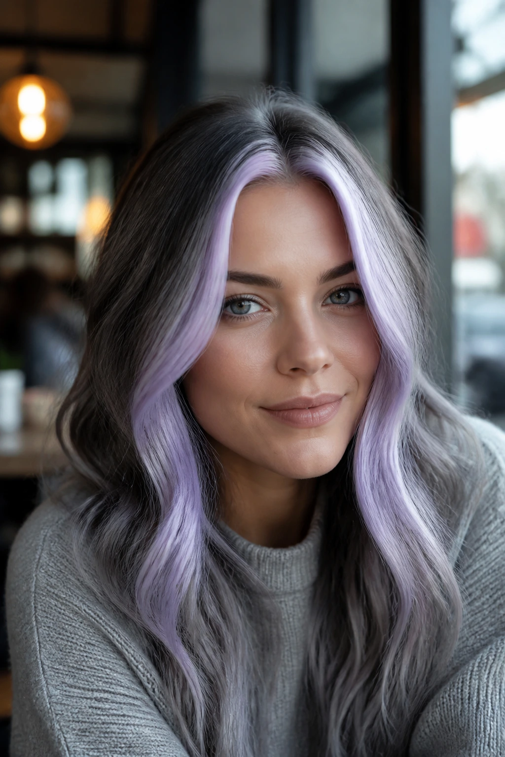 Close-up of real woman with platinum violet money piece hair