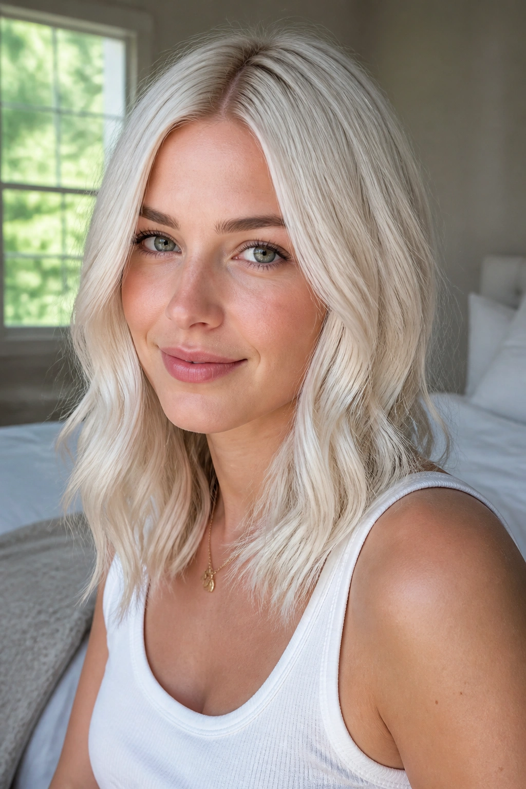 Close-up of a real person with center-parted platinum waves past the collarbone in natural window light