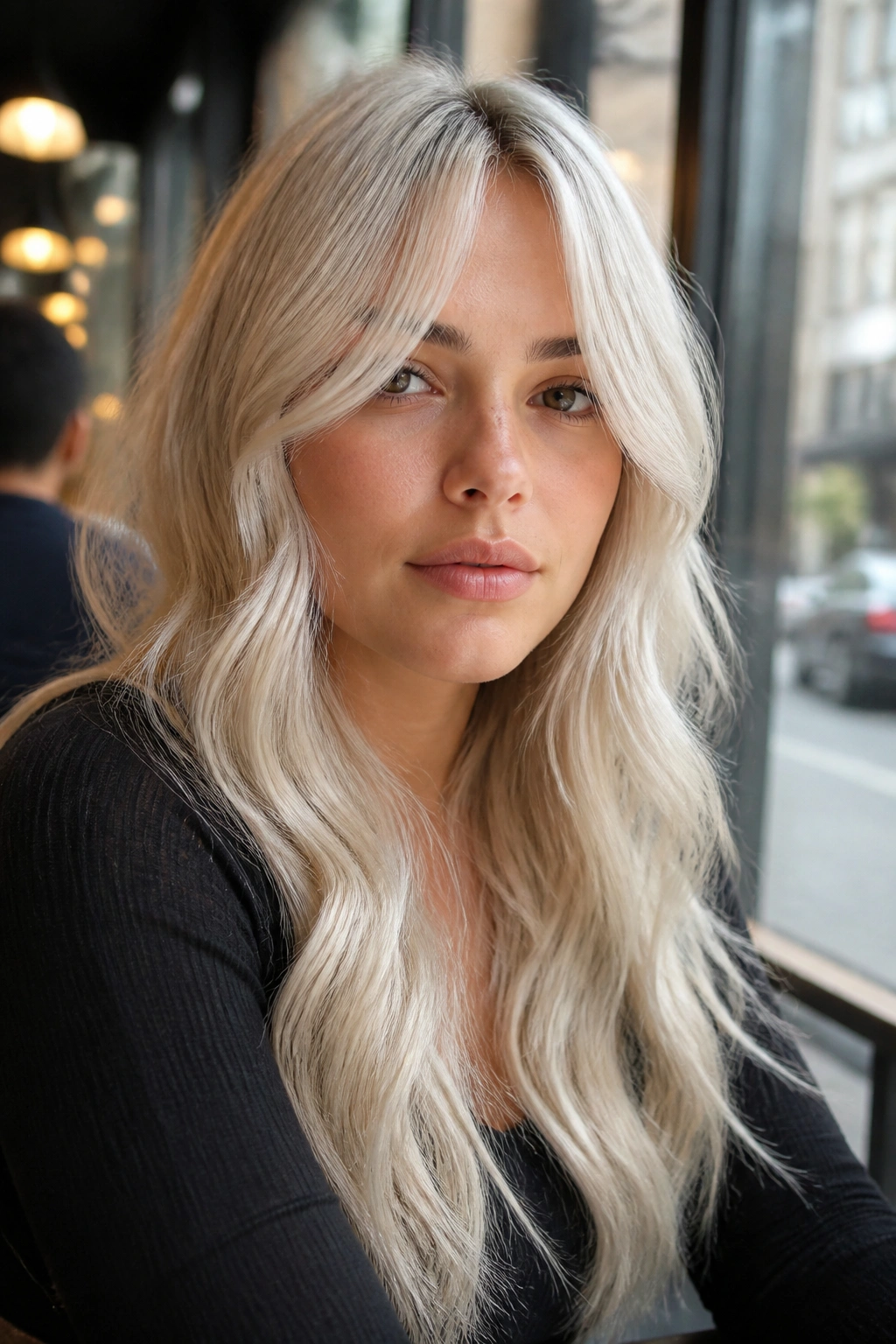 Portrait of a woman with curtain fringe and long platinum waves at a sunlit cafe window.