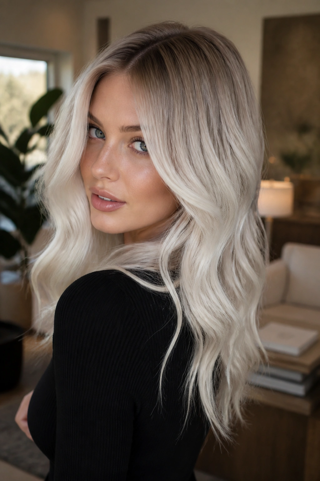 Close-up of a real woman with mushroom-root platinum waves