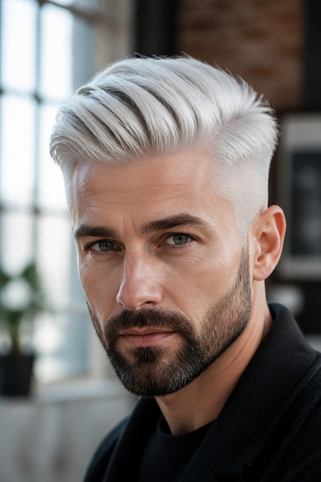 Close-up portrait of a man with platinum-white undercut and dark beard under natural window light