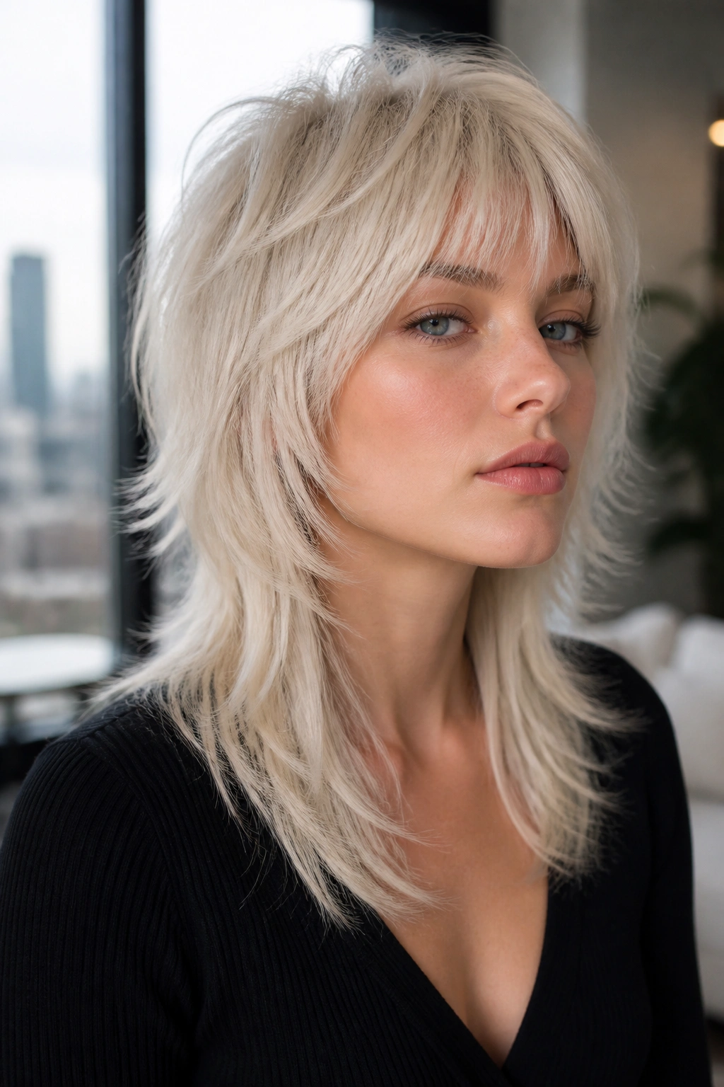 Close-up of a real woman with platinum wolf cut and feathered ends