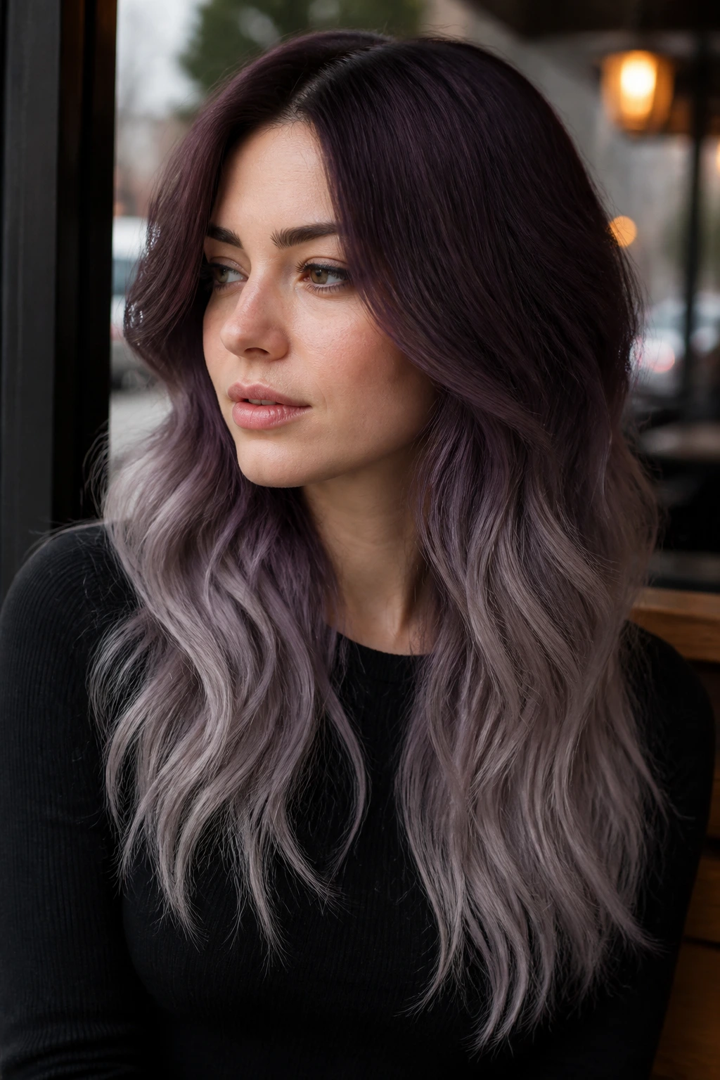 Real person with plum ash ombré hair beside a cafe window.
