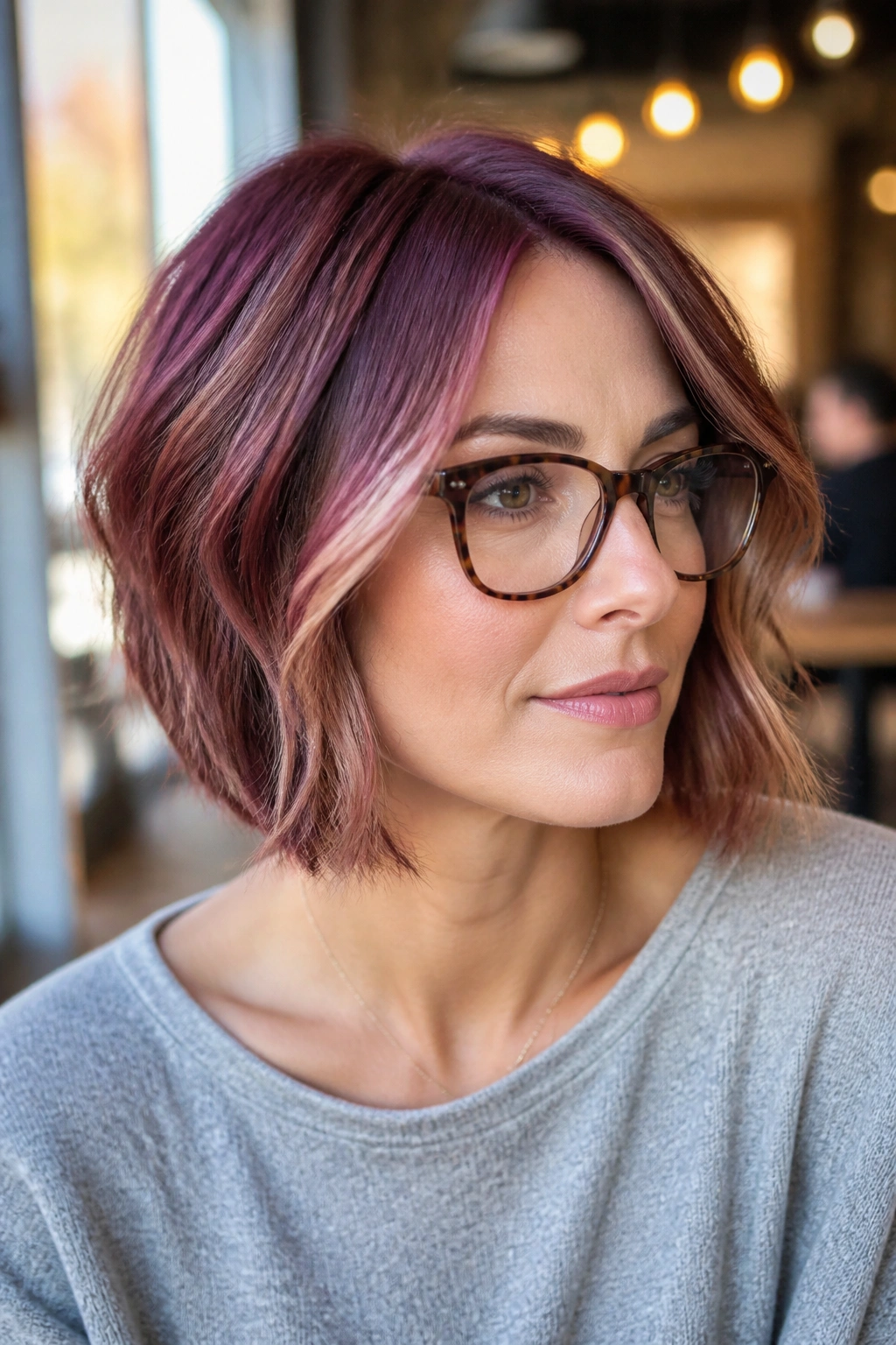 Woman with plum auburn bob and beige-blonde pieces