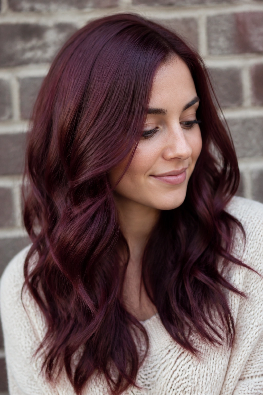 Close-up of a real woman with plum auburn hair against a brick wall