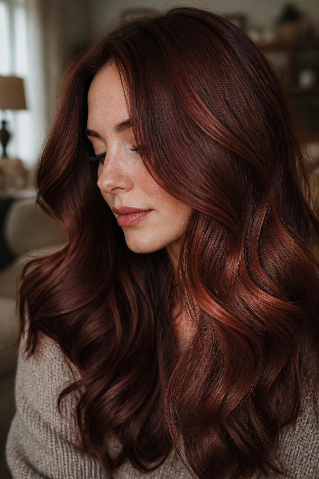 Close-up portrait of a real woman with plum auburn hair and copper sheen for cool skin tones