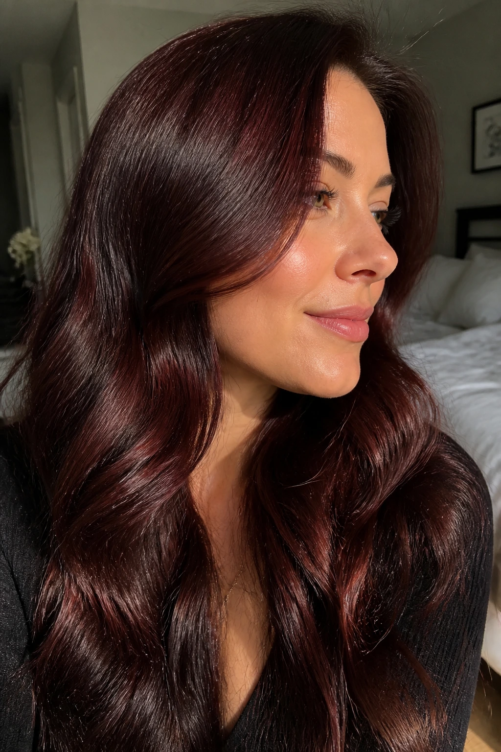 Close-up portrait of plum auburn gloss on brunette hair.