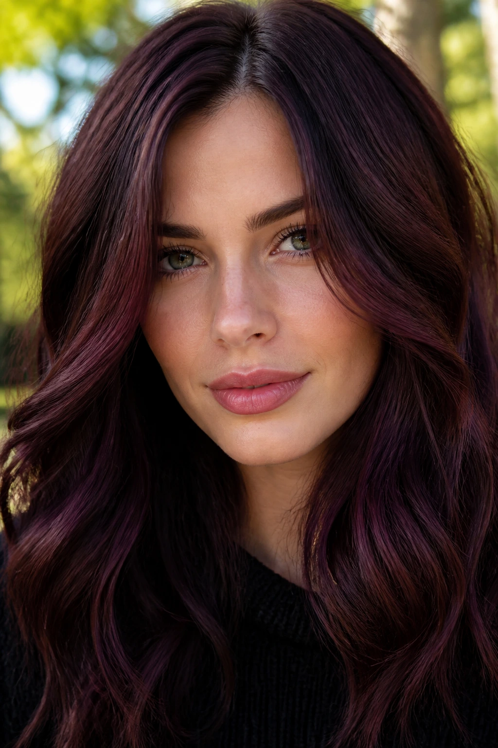 Close-up portrait of a real person with plum-chocolate auburn hair in outdoors setting