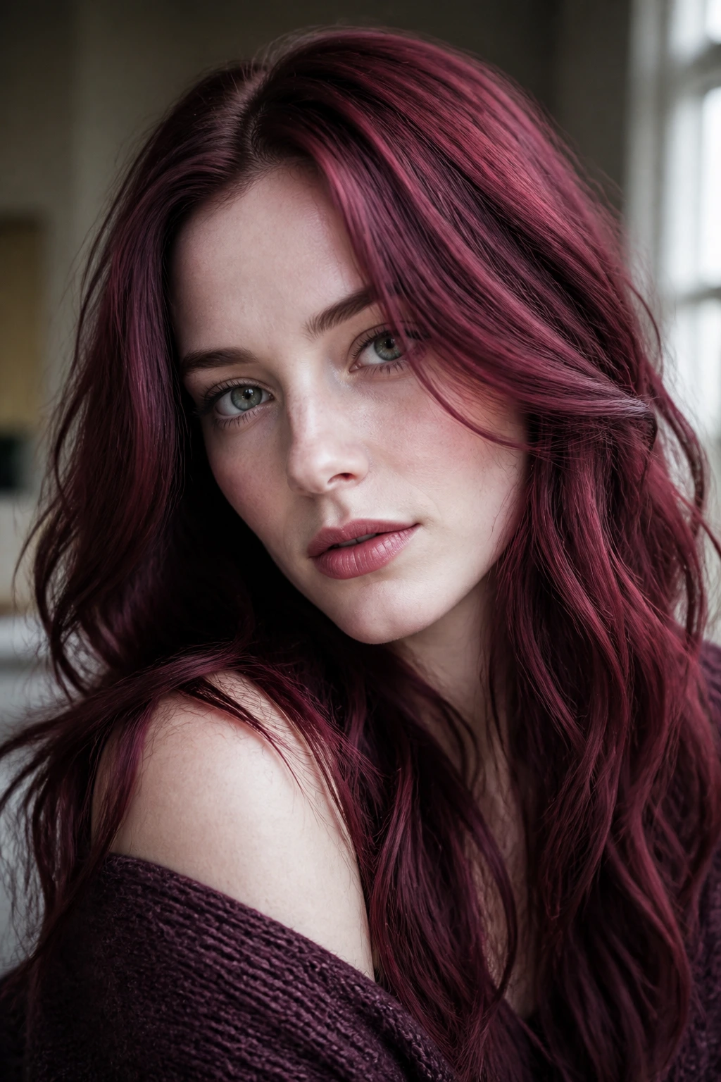Close-up portrait of a person with plum-toned auburn hair