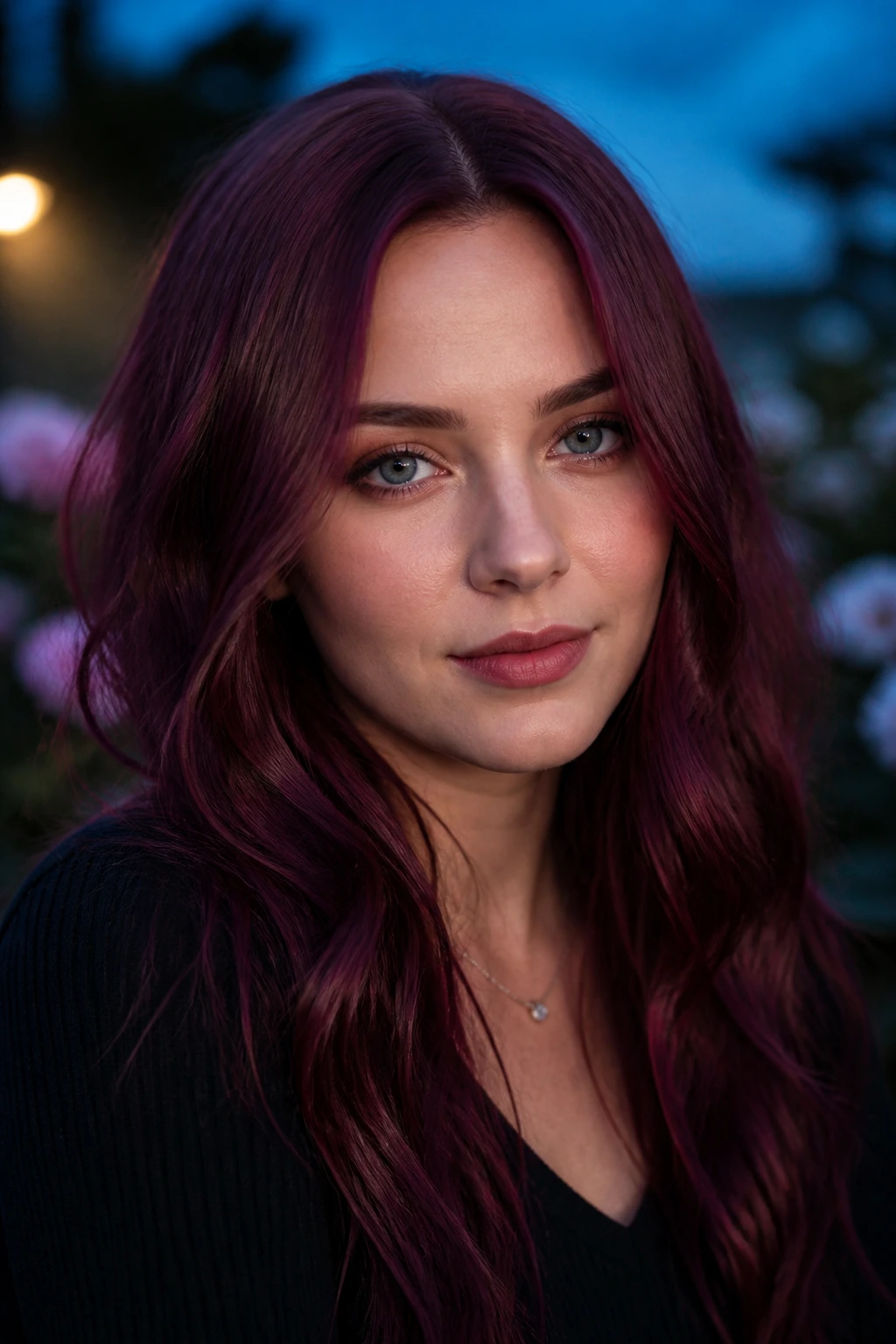 Close-up portrait of a person with plum auburn hair in blue hour lighting