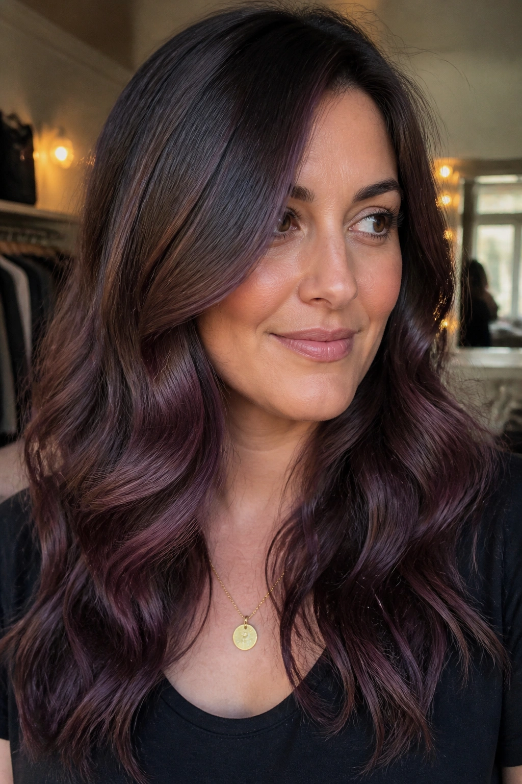 Close-up of a real person with plum balayage on brown hair
