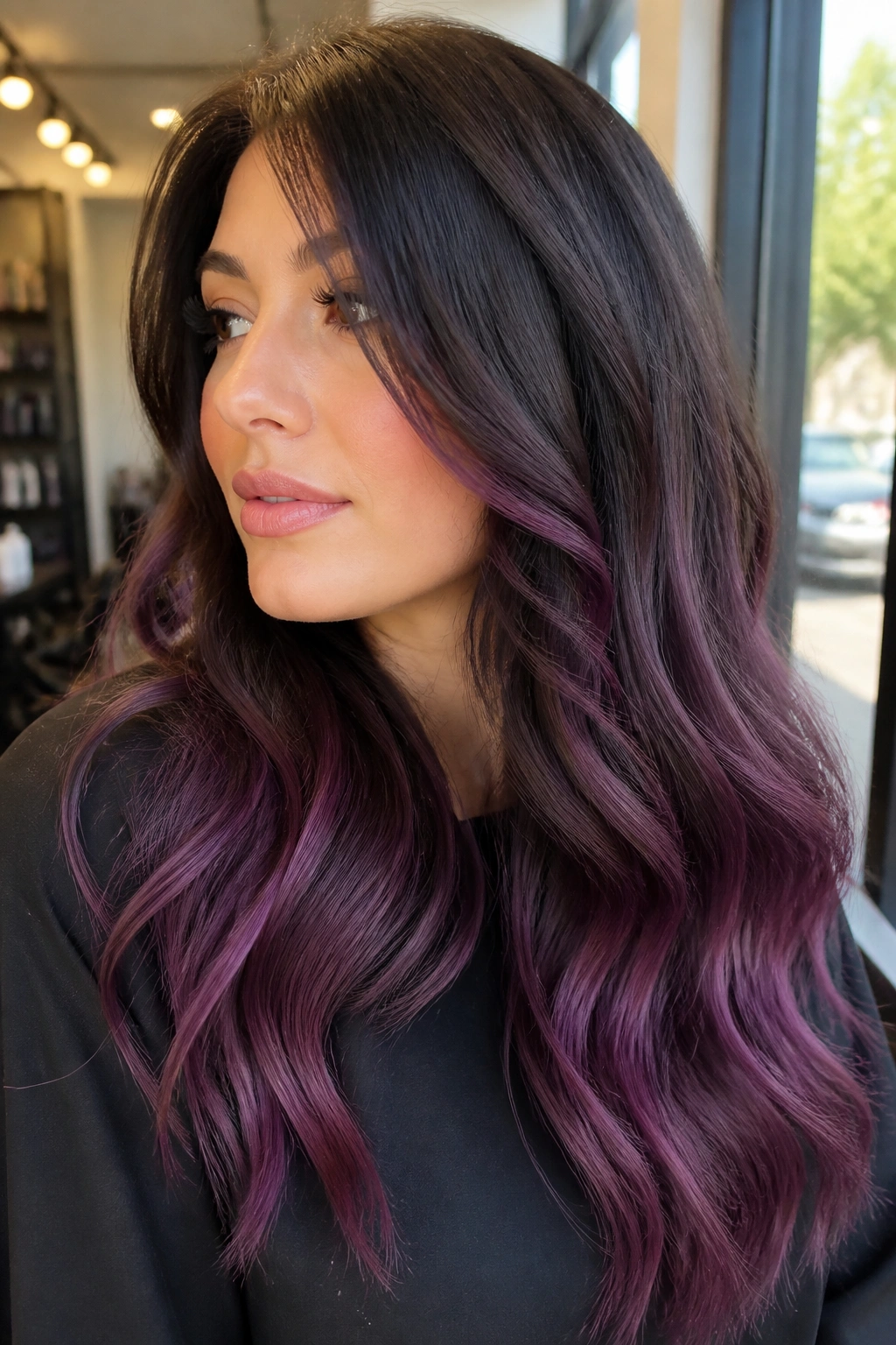 Real woman with long brunette hair showing plum balayage from collarbone to ends