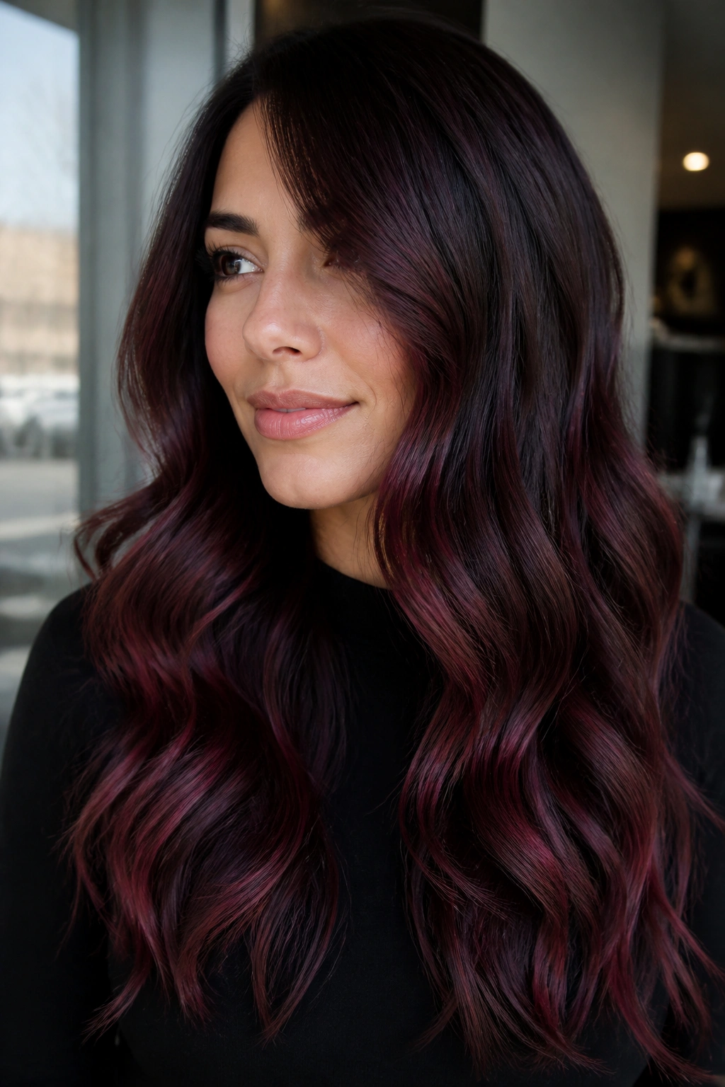 Close-up of chestnut brown hair with deep plum balayage