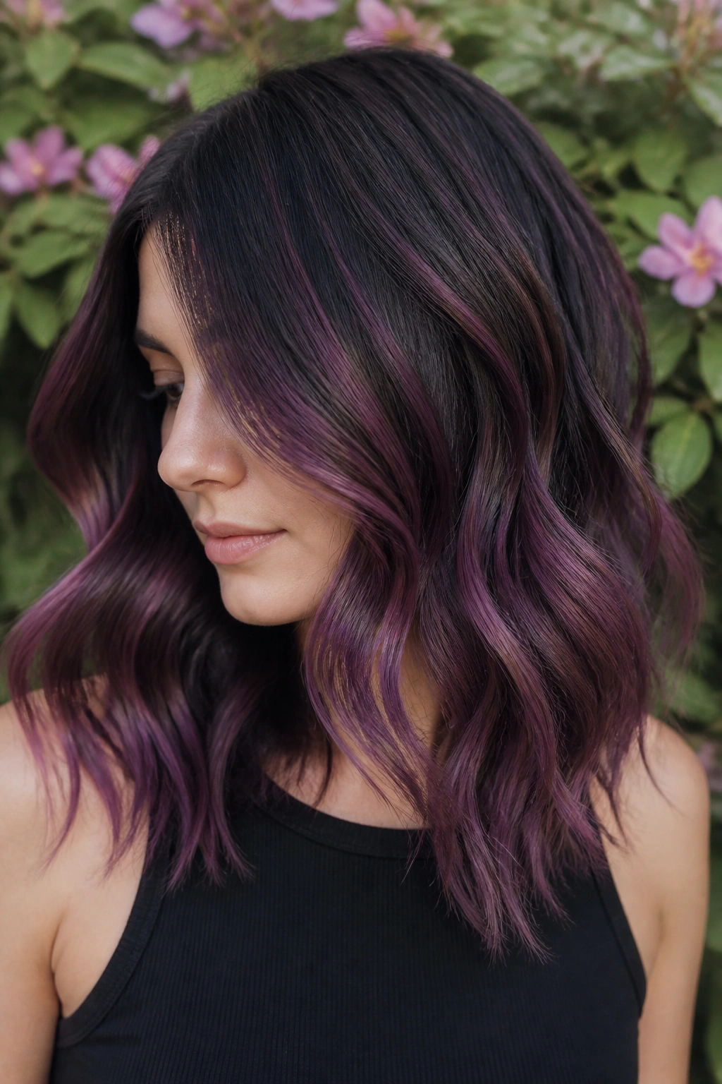 Close-up of plum balayage hair with sunlit background