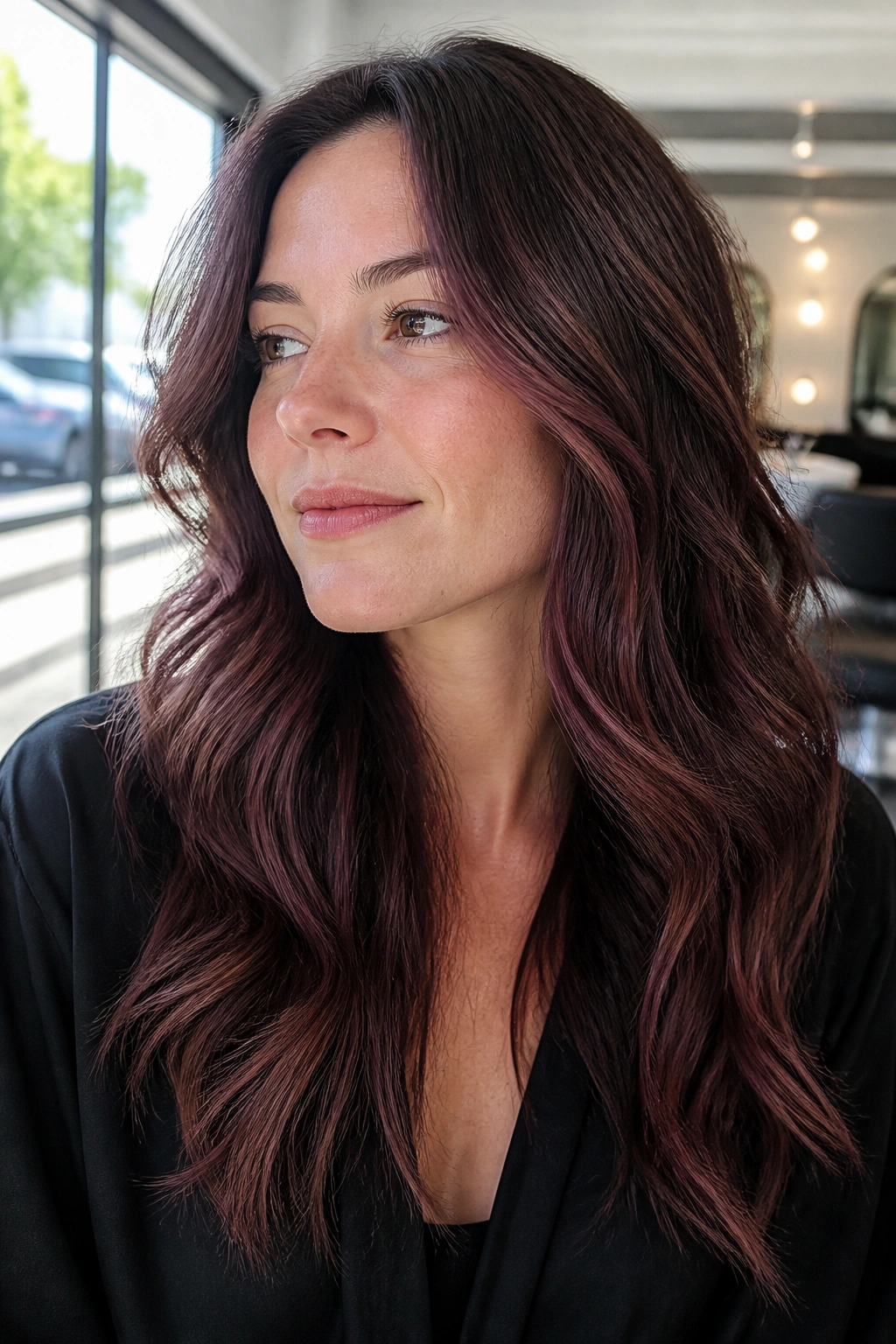 Close-up of a woman with plum brown balayage highlighting around the face