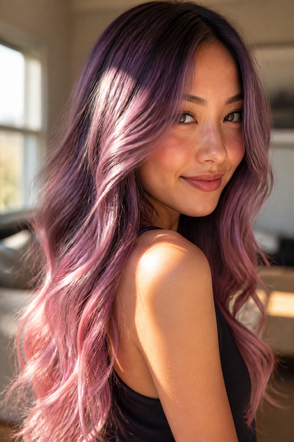Close-up of long hair with soft plum balayage and pink micro-ends on a real person in warm window light