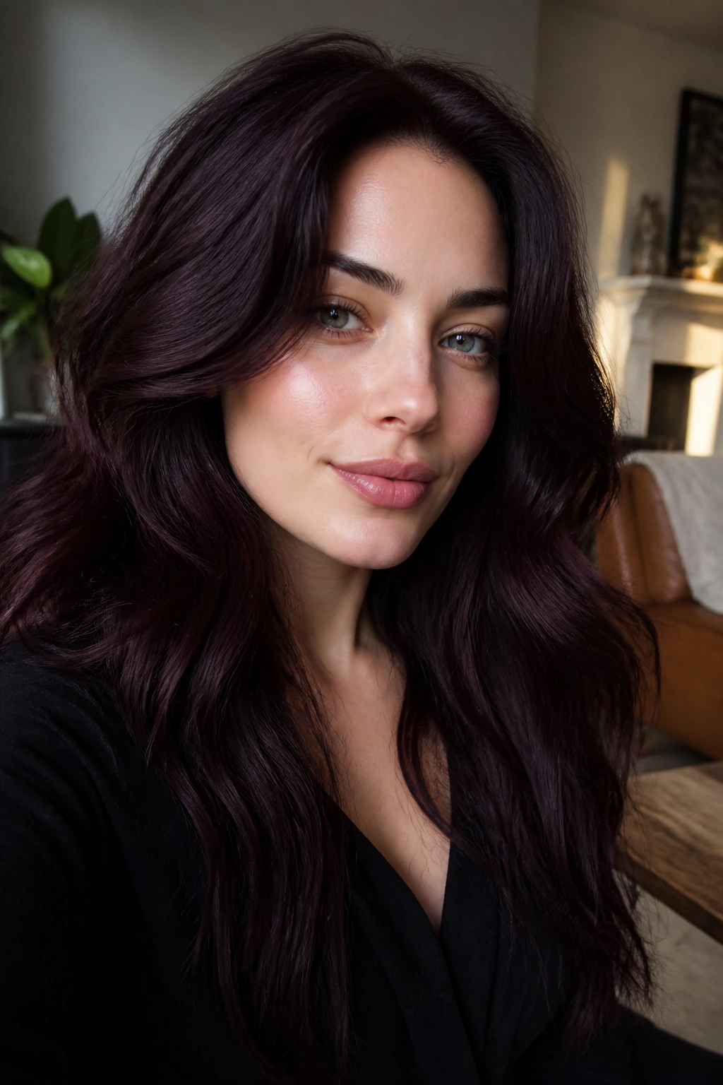 Close-up portrait of a real person with plum-black allover color