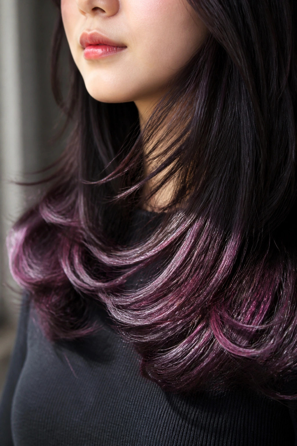 Close-up of a real person with plum-black hair ends catching violet-red light