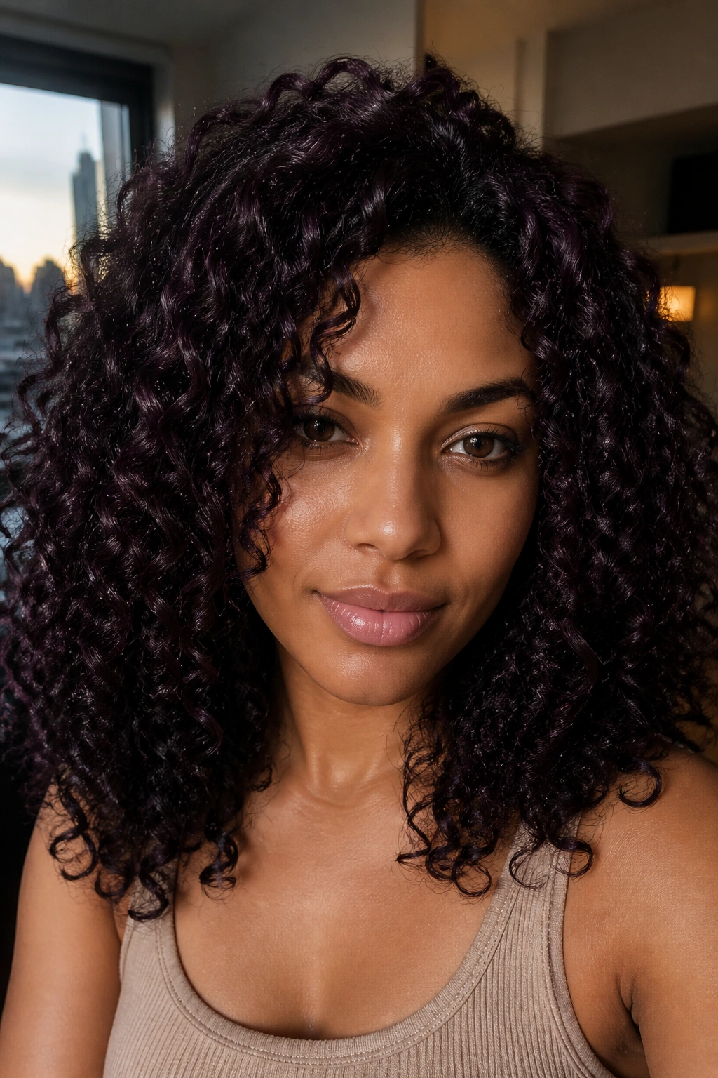 Close-up of a real woman with plum black hair and violet undertones, curls catching light