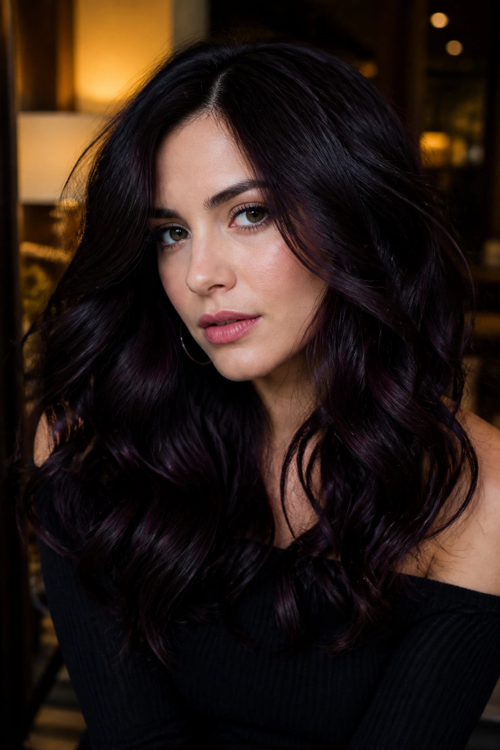 Close-up portrait of a real person with plum-black velvet hair.