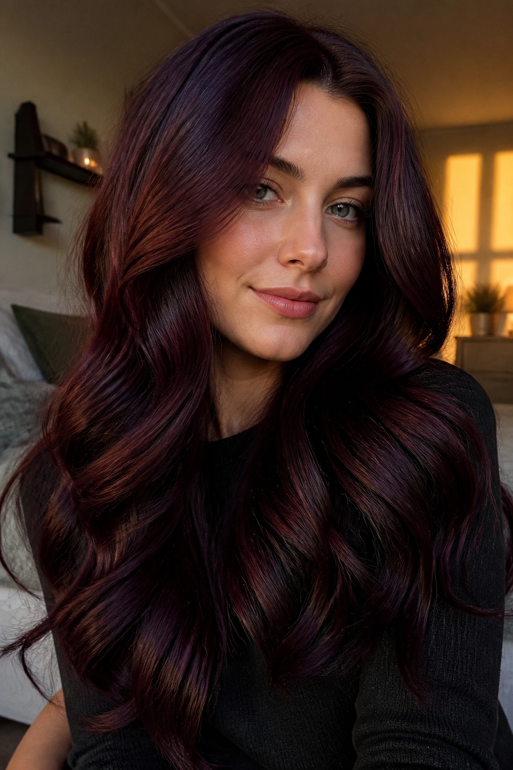 Close-up of a woman with plum-black mahogany hair and violet-red gloss under warm window light