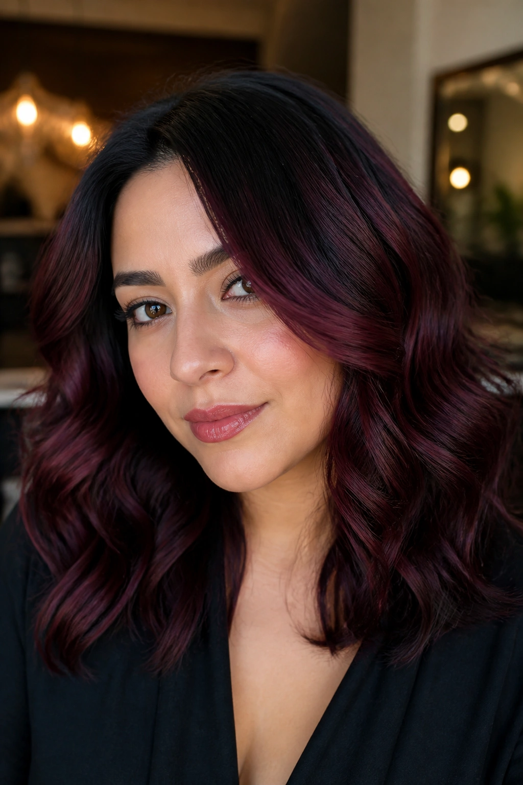 Close-up portrait of a real woman with plum-black melt and soft curls