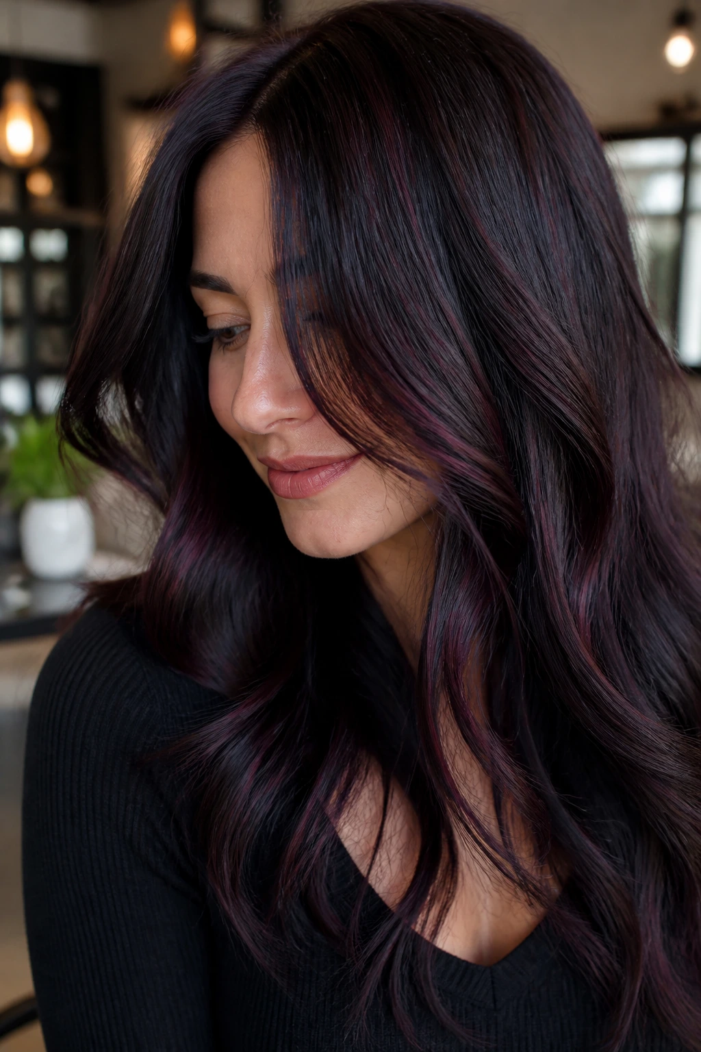 Close-up portrait with subtle plum-black micro highlights in dark hair.