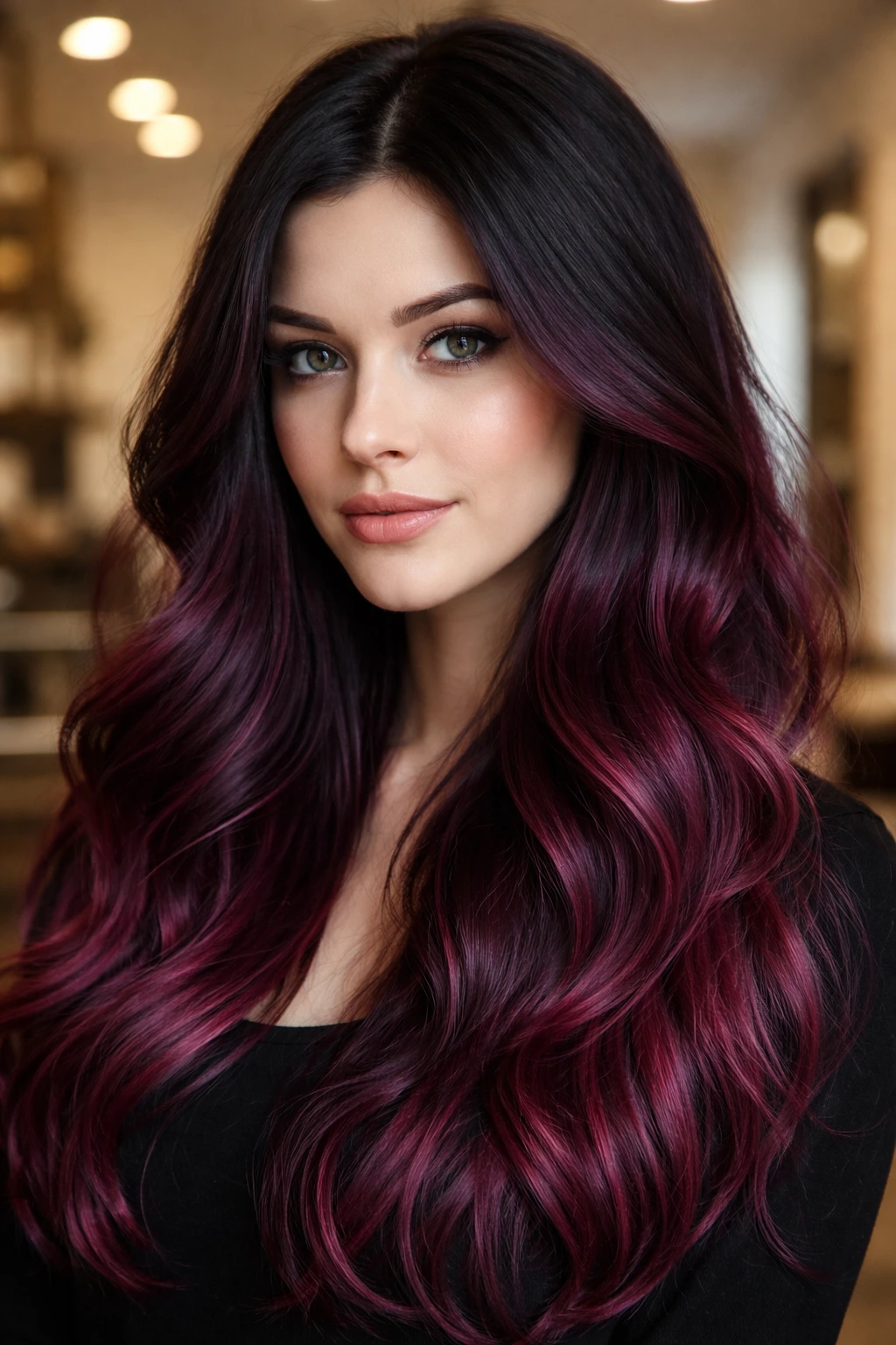 Close-up of a real woman's hair with plum-black shadow roots on cool-toned hair.