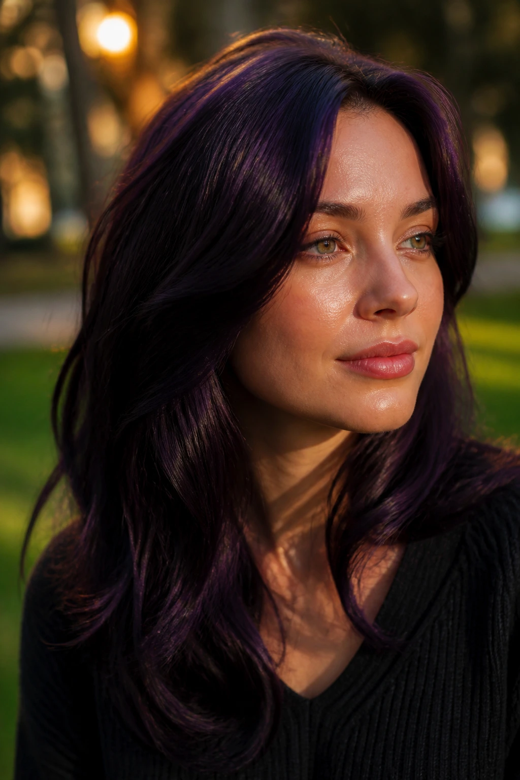Portrait of a real woman with plum black hair and violet sheen in golden hour light.