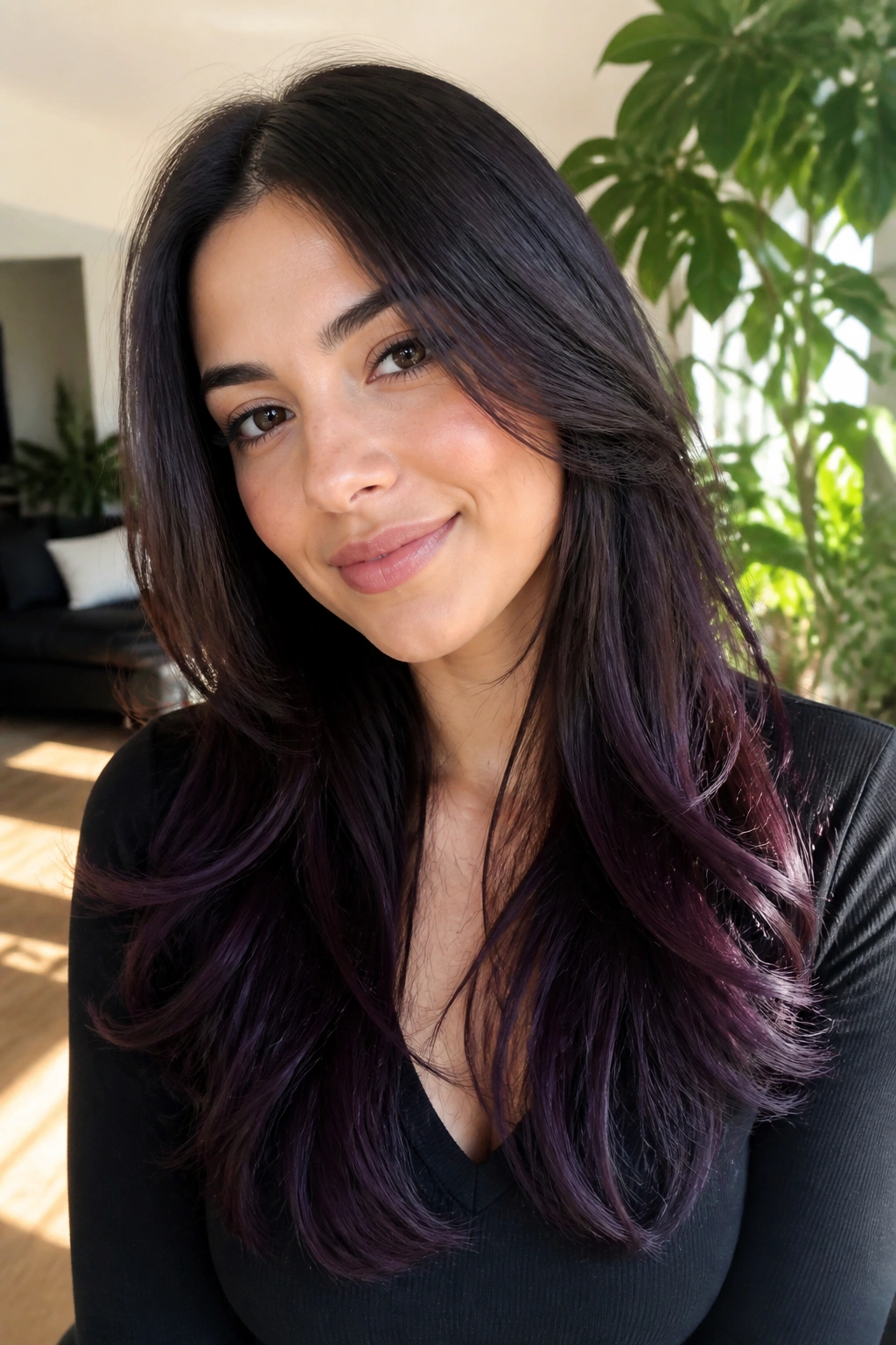 Close-up portrait of a woman with long layered hair and plum-blackberry ends in a sunlit room