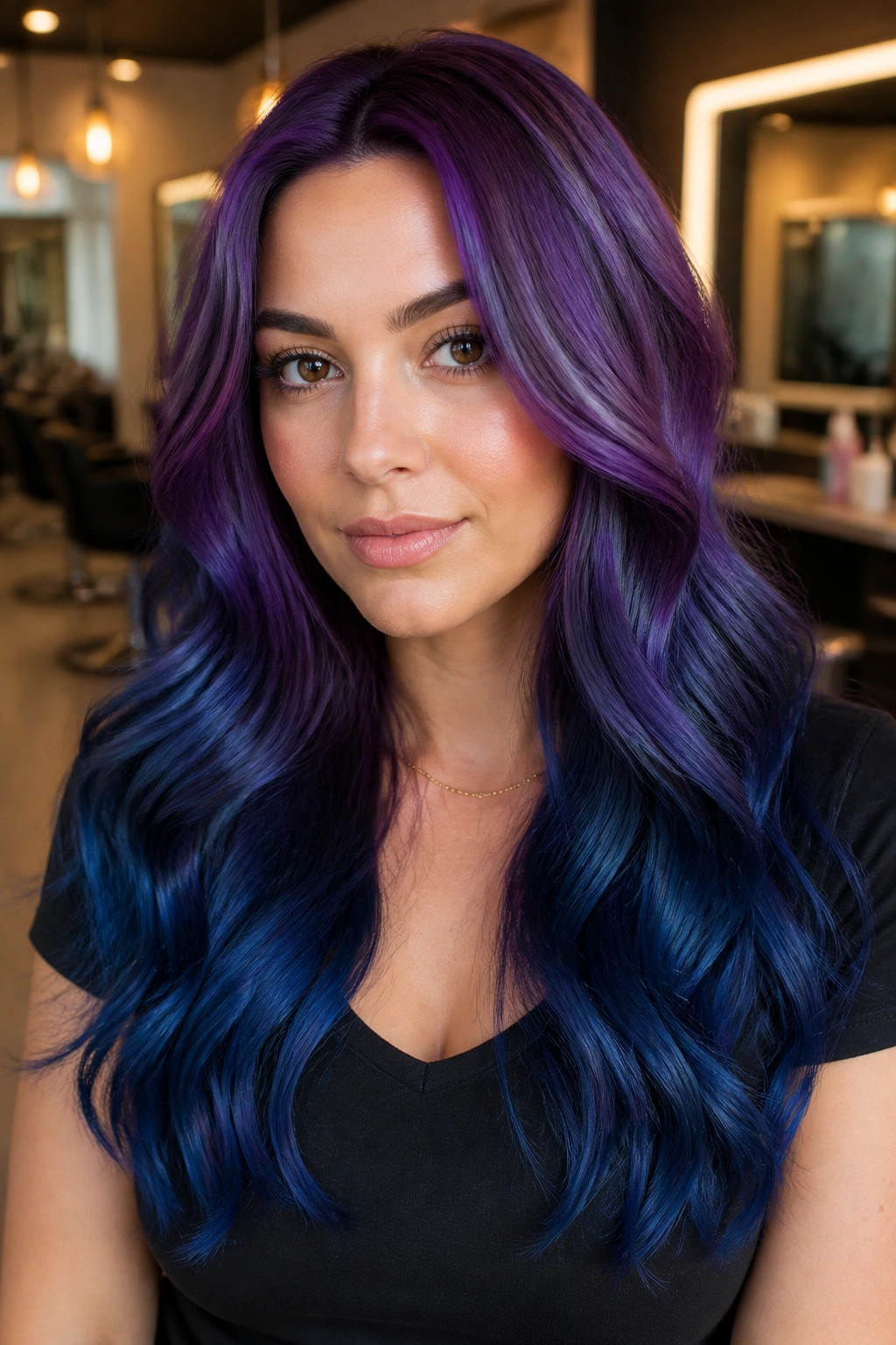 Close-up of a real person with a plum-to-blue color melt on long hair