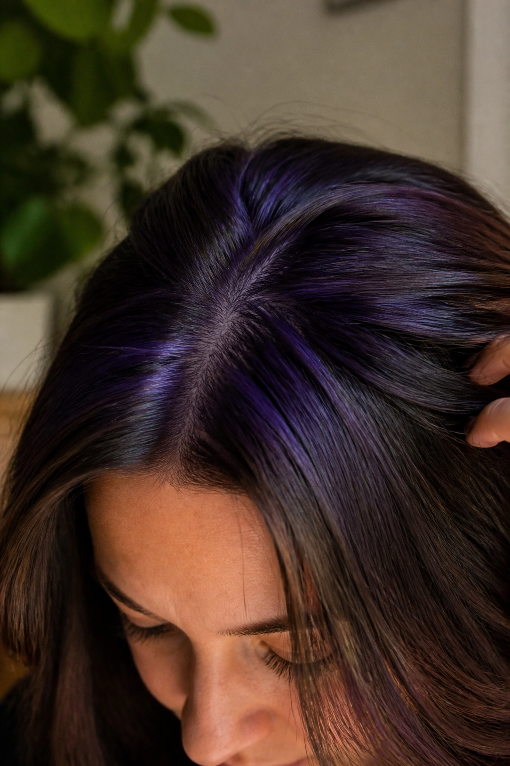 Brunette with plum-blue halo at crown around part line