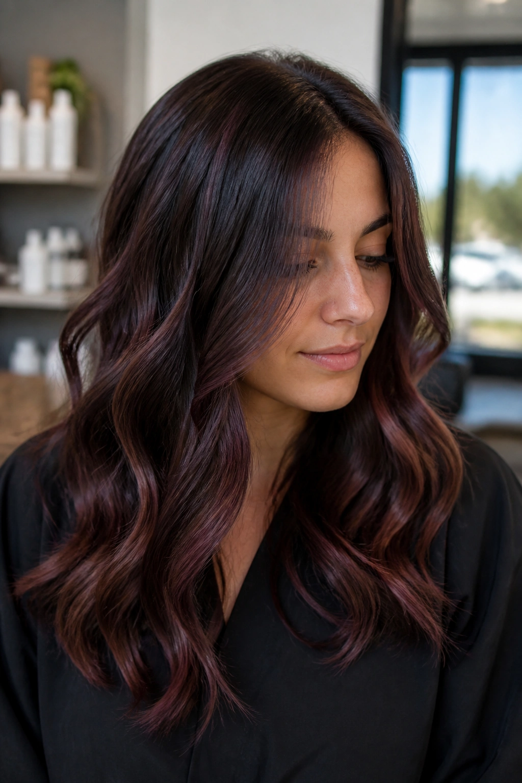 Woman's hair with plum brown balayage on cool undertones
