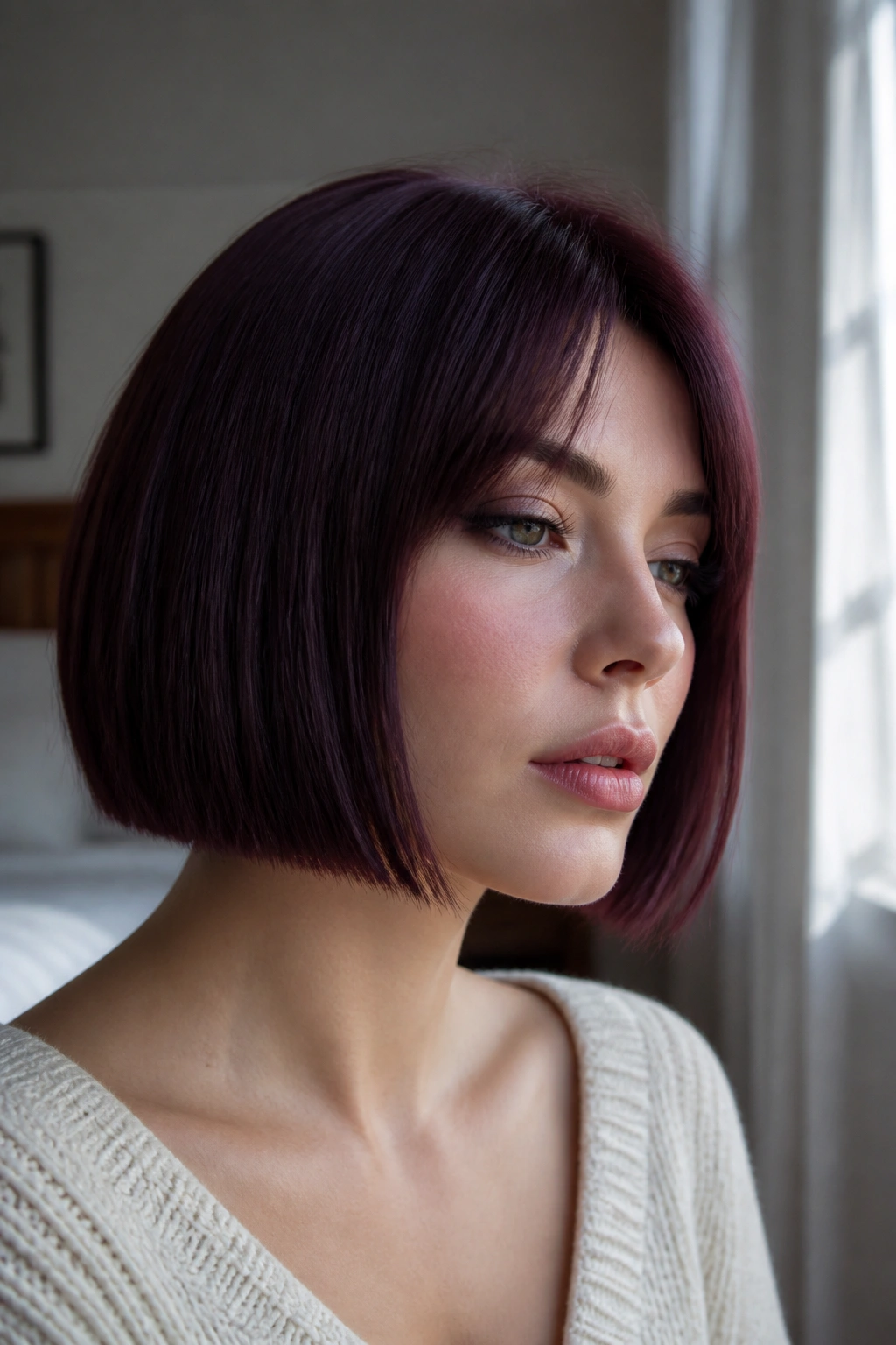 Close-up portrait of a real woman with a plum brown bob and cool undertone.
