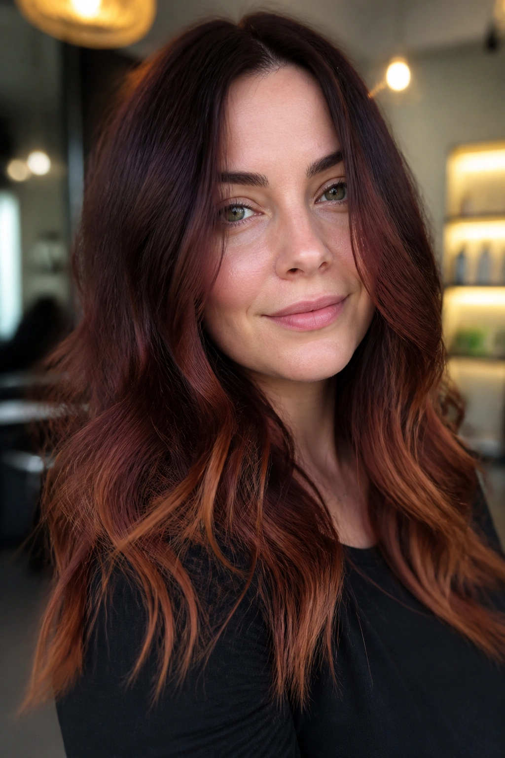 Close-up portrait of a real woman with plum-brown hair and ginger melt in soft lighting