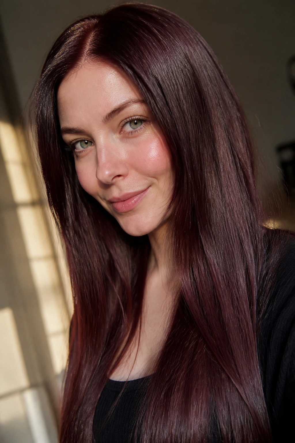 Close-up portrait of a real woman with plum brown gloss over brunette hair