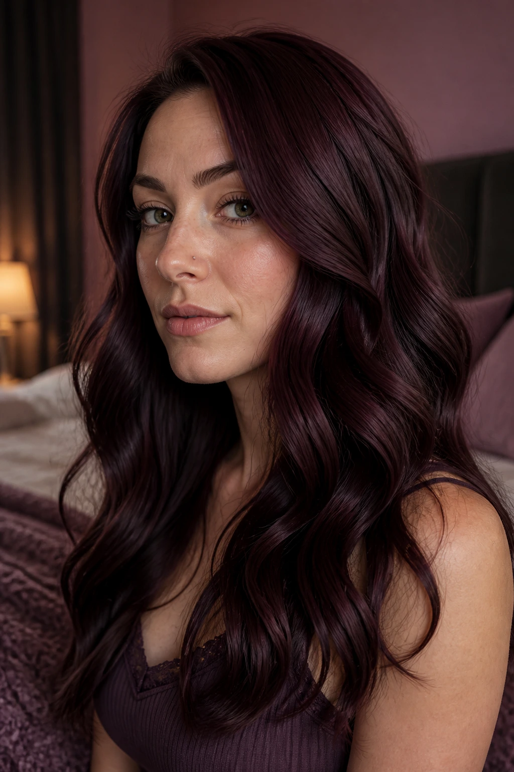 Close-up of a real woman with Plum Brown Gloss hair in soft light.