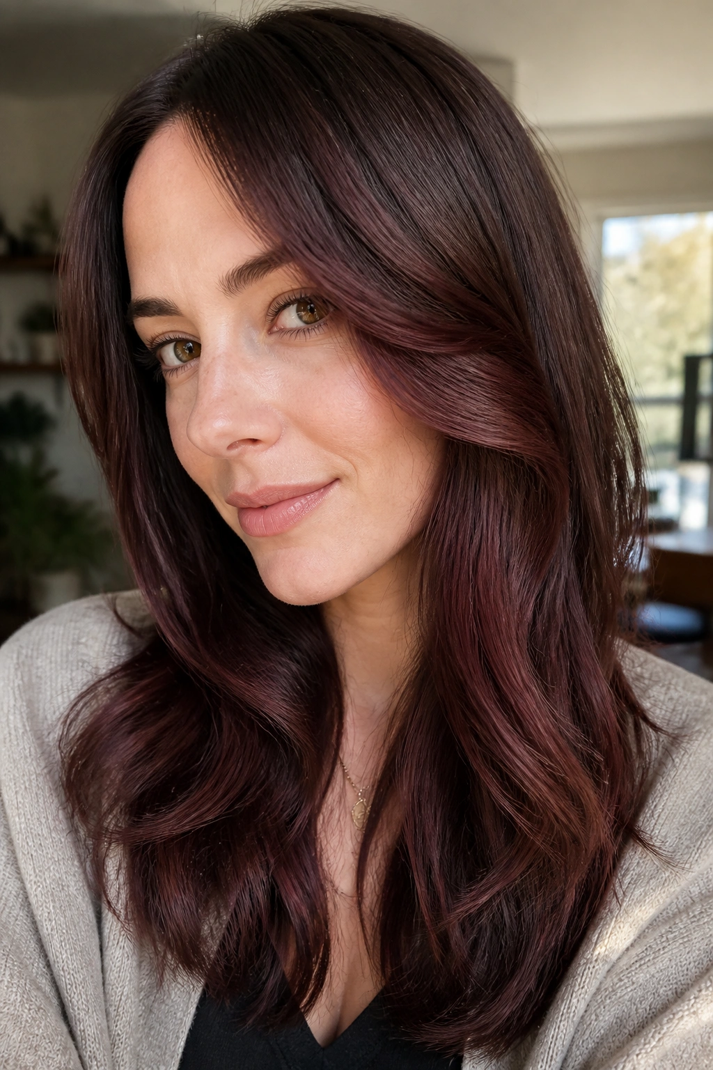 Close-up portrait of a woman with plum brown hair and plum-red sheen for cool undertones.