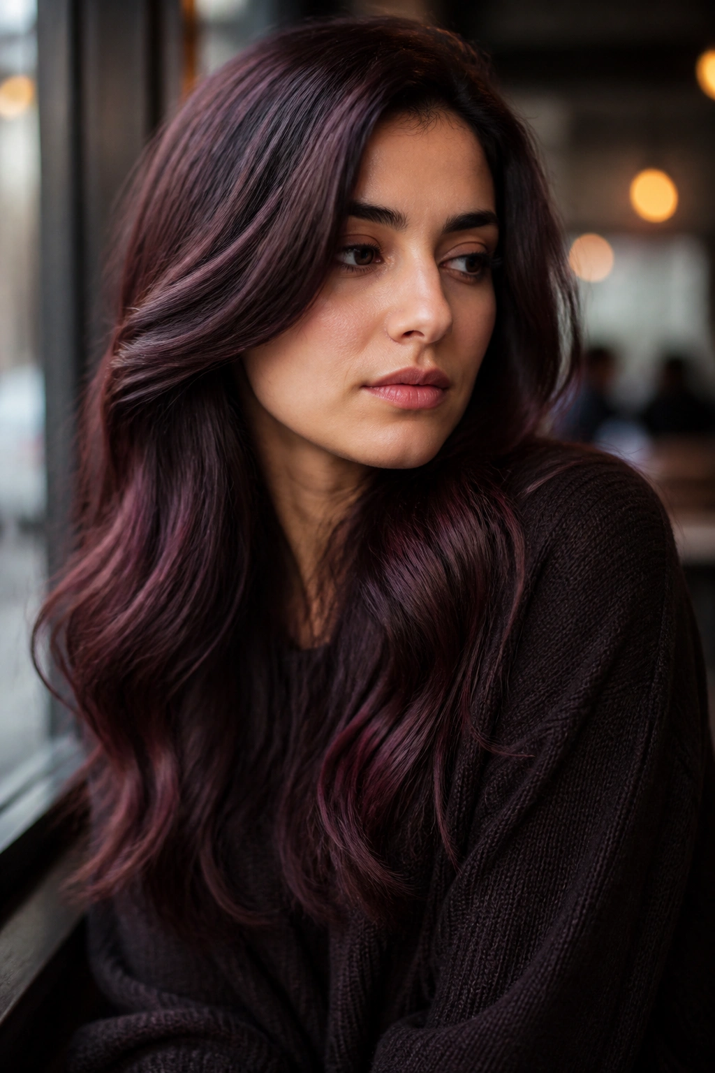 Close-up portrait of a woman with plum brown hair under cafe window light
