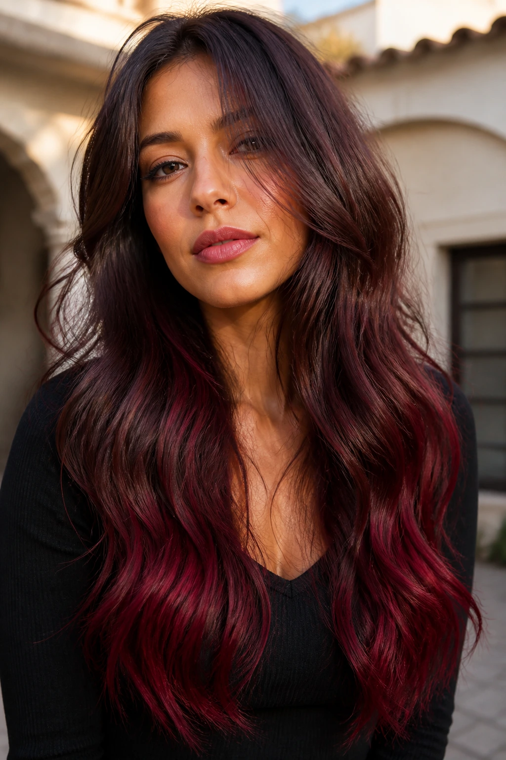 Close-up of long hair with plum brown roots and ruby dip-dye ends on a real woman