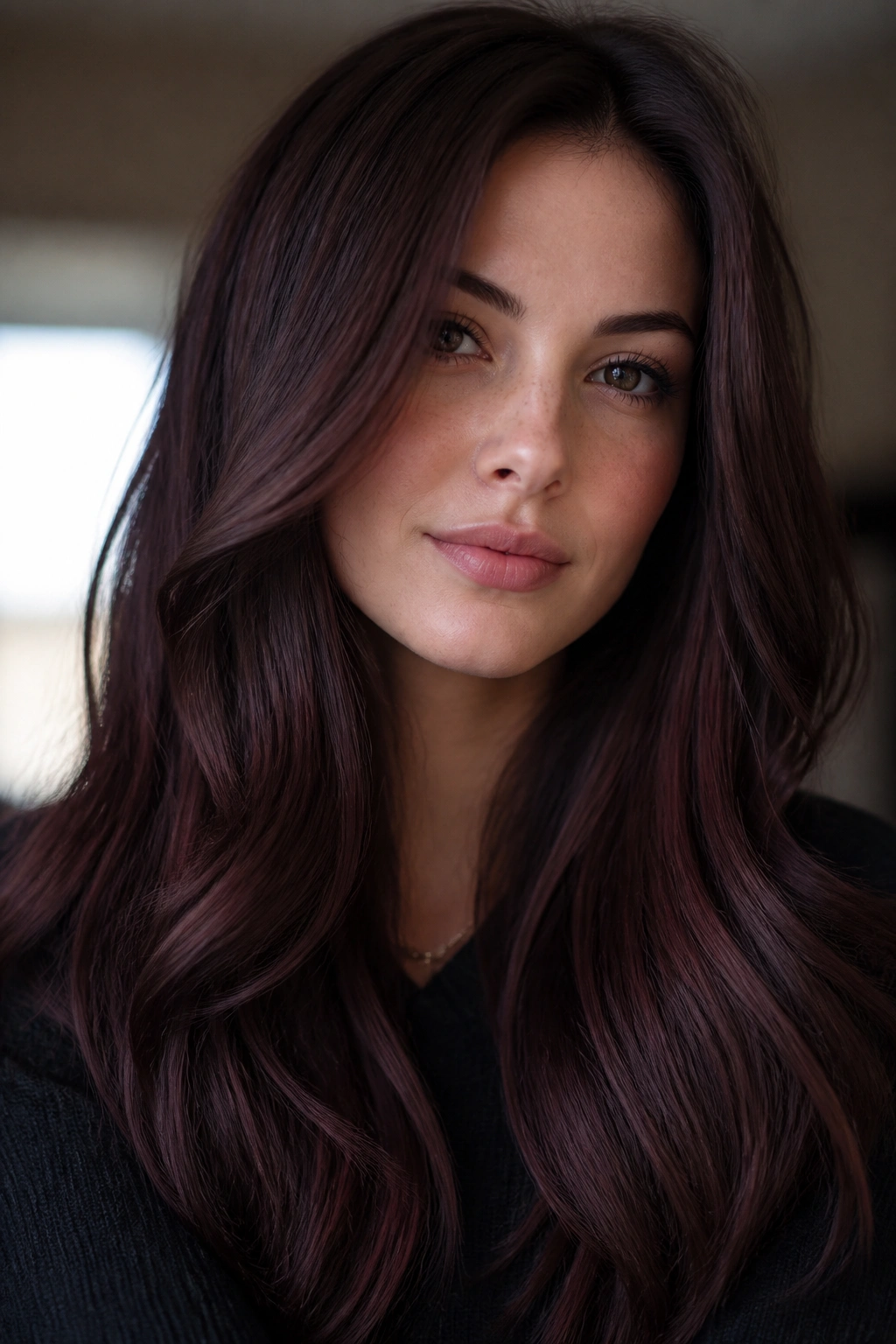 Close-up portrait of a person with plum brunette hair in soft window light
