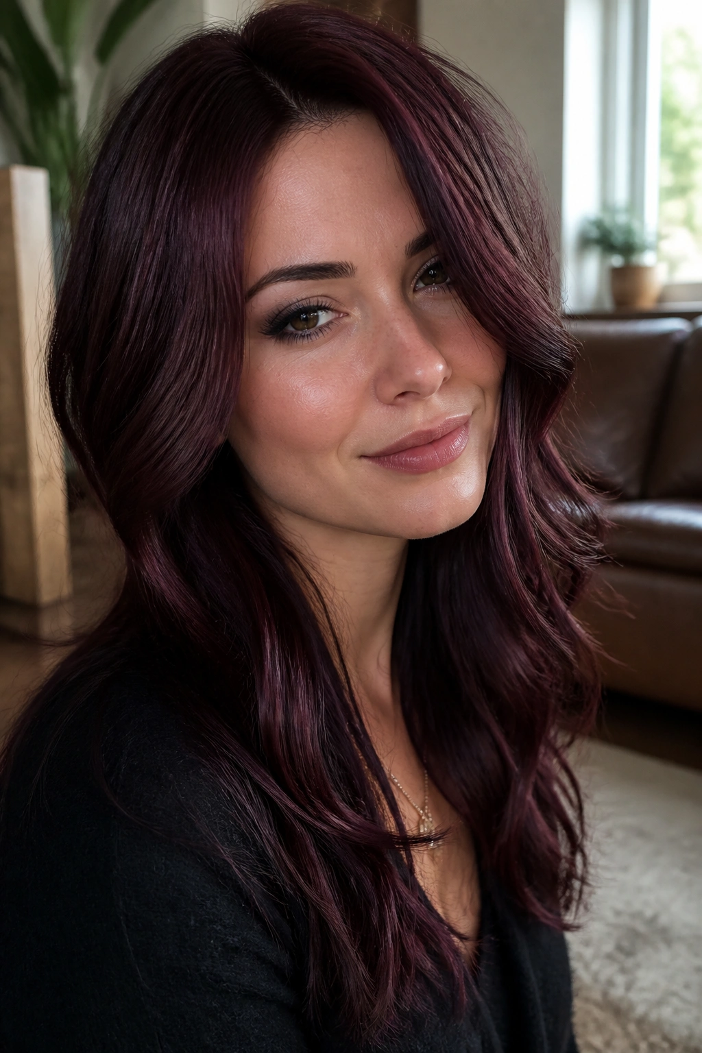 Close-up portrait of a real woman with plum brunette hair in natural window light