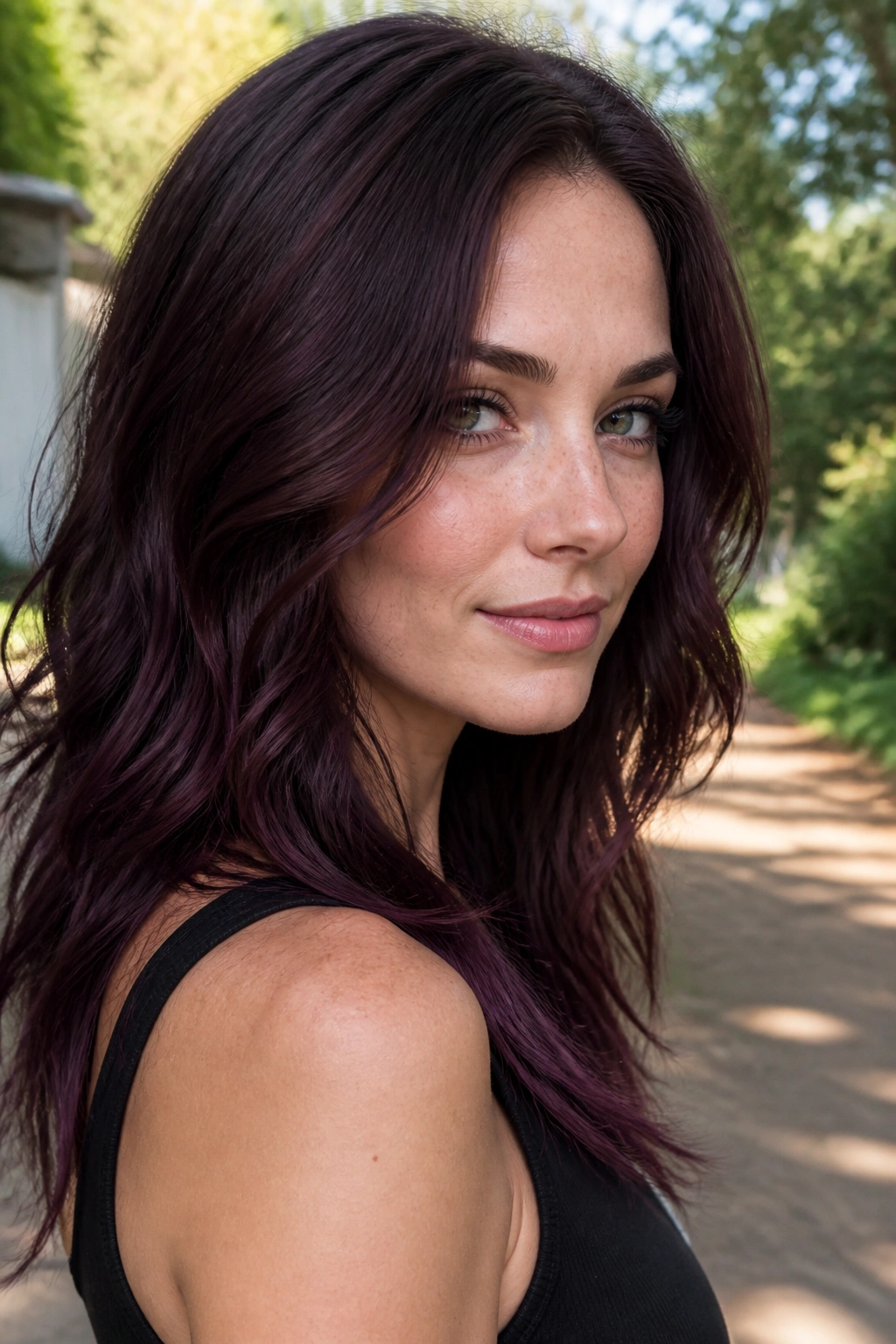 Close-up portrait of a real woman with plum-toned hair with violet undertones