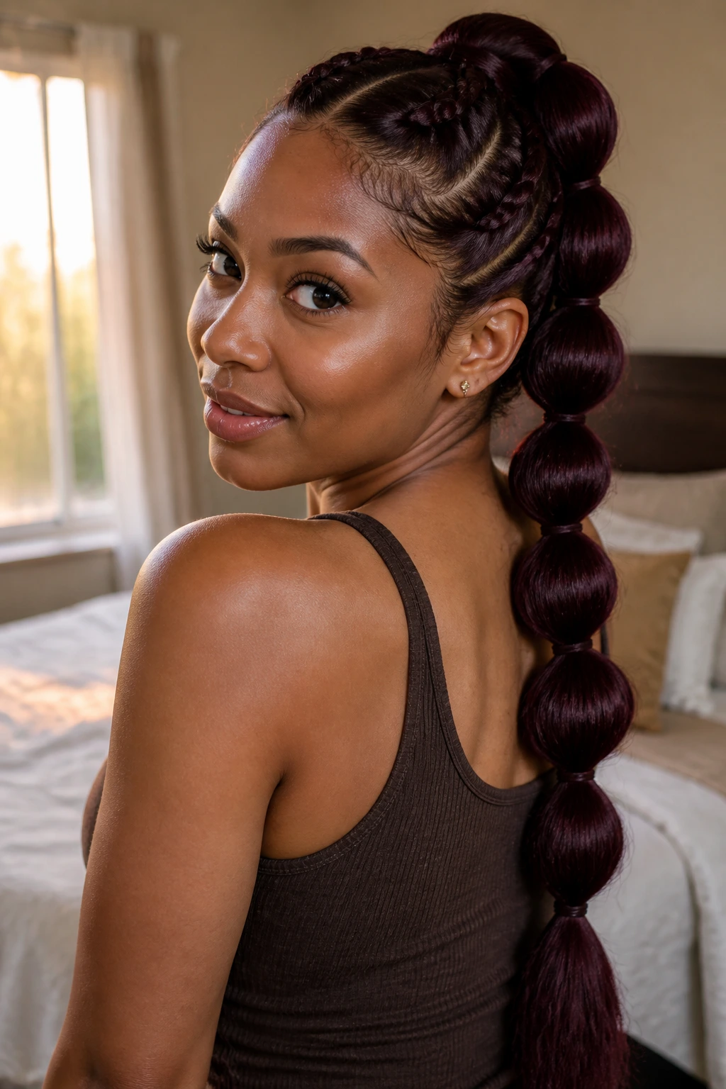 Close-up of a real woman's head with plum bubble braid combo, long hair and wrapped elastics, warm indoor lighting.